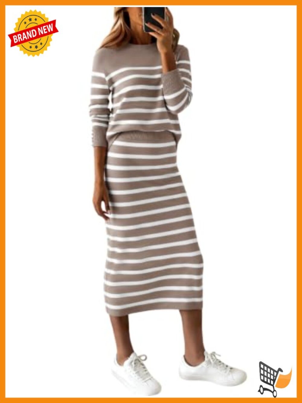 Women 2 Piece Knit Skirt Set Striped Sweater Top Midi Skirt Lounge Travel